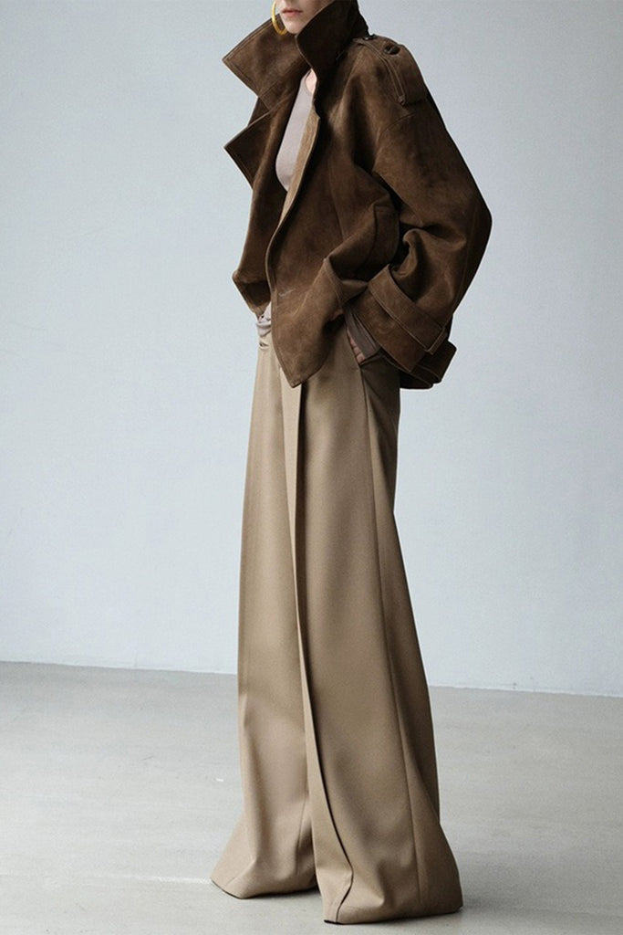 Cowhide Suede Double-Breasted Short Trench Jacket  Fibflx