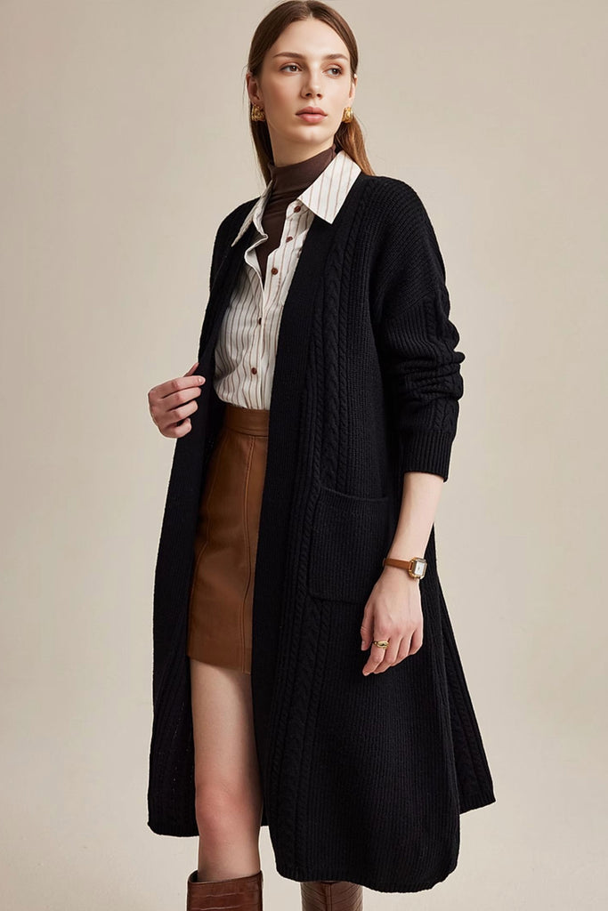 Cozy Cable Knit Duster Cardigan with Side Pockets M / Black / 100% Wool Fibflx