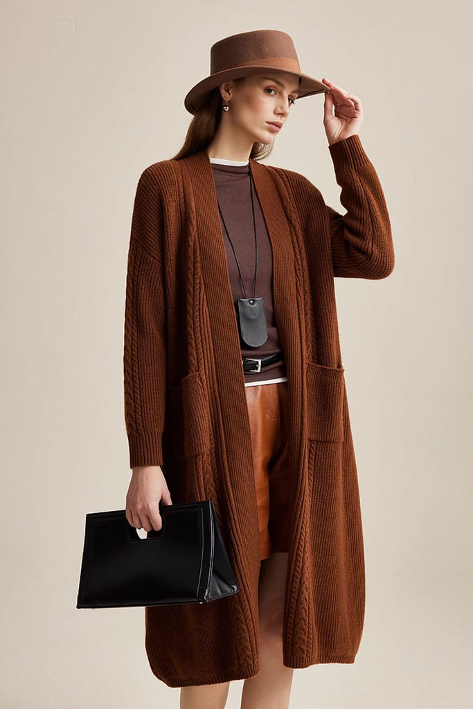 Cozy Cable Knit Duster Cardigan with Side Pockets M / Chocolate Brown / 100% Wool Fibflx