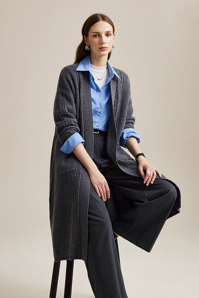 Cozy Cable Knit Duster Cardigan with Side Pockets M / Heather Dark Grey / 100% Wool Fibflx