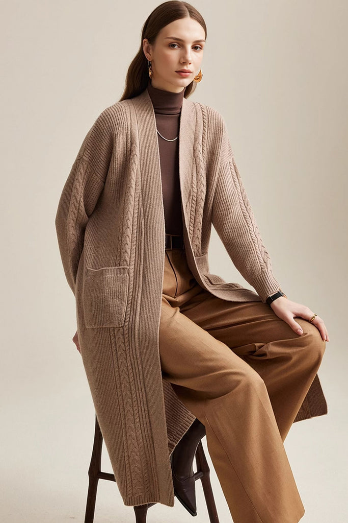 Cozy Cable Knit Duster Cardigan with Side Pockets M / Spirited Khaki / 100% Wool Fibflx