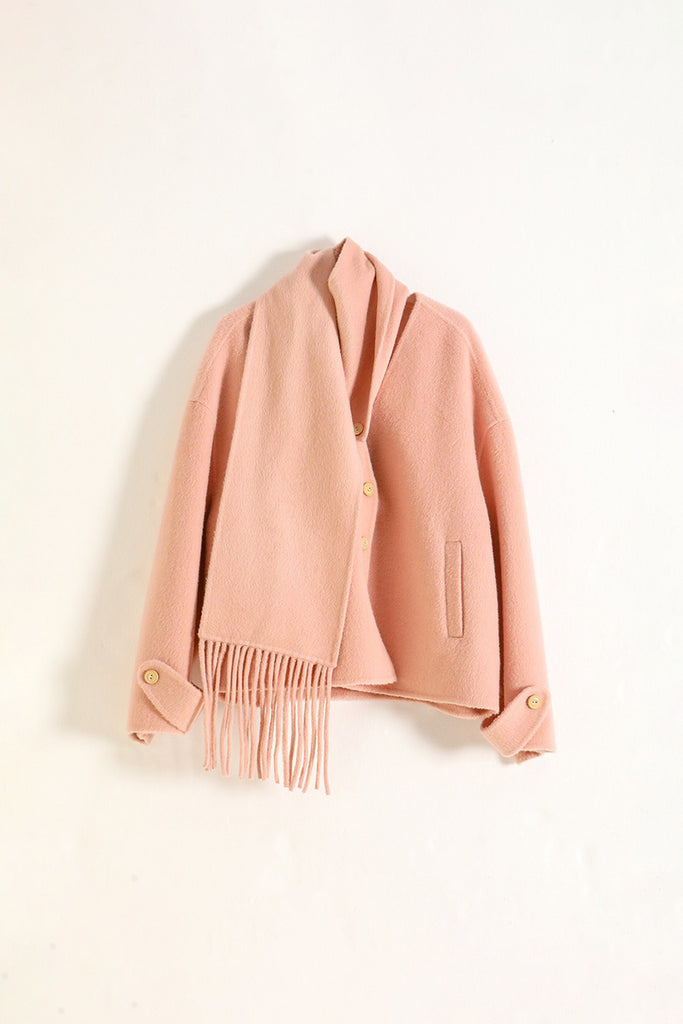 Cropped Double-Faced Silk-Wool Jacket with Detachable Scarf Cupcake Pink / M / 80% Wool 10% Camel Hair 10% Mul Fibflx