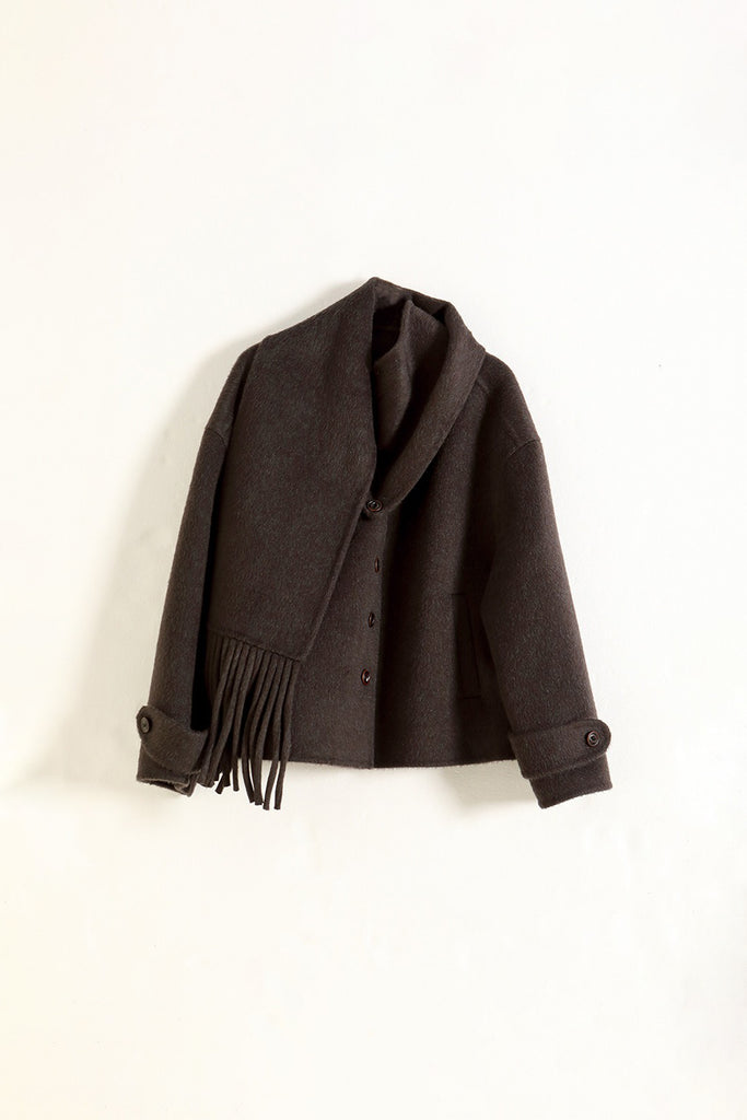 Cropped Double-Faced Silk-Wool Jacket with Detachable Scarf Dark Brown / M / 80% Wool 10% Camel Hair 10% Mulbe Fibflx
