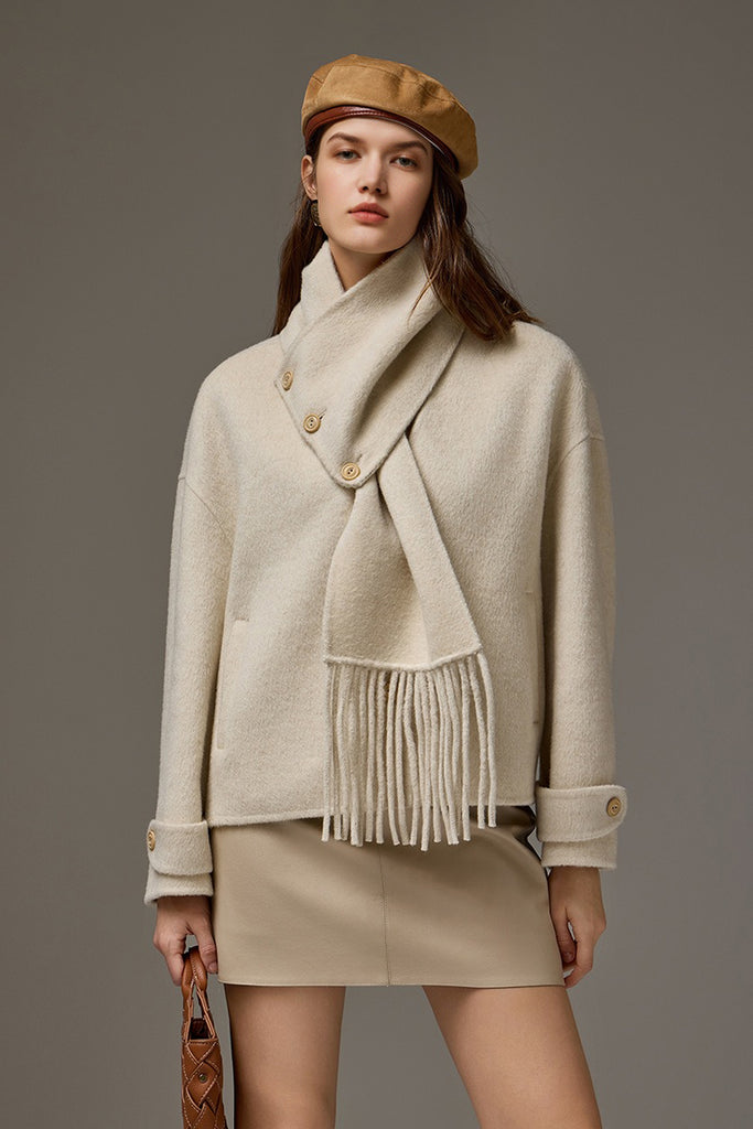 Cropped Double-Faced Silk-Wool Jacket with Detachable Scarf Off White / M / 80% Wool 10% Camel Hair 10% Mulber Fibflx