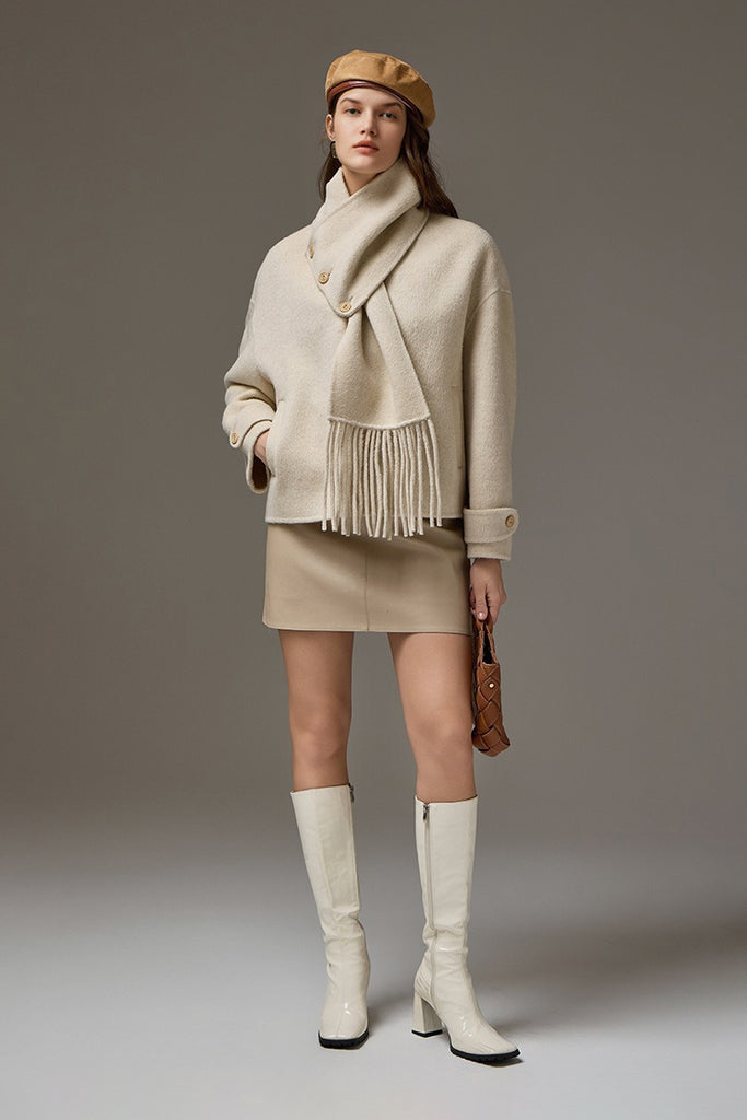 Cropped Double-Faced Silk-Wool Jacket with Detachable Scarf  Fibflx