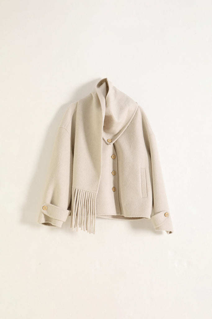Cropped Double-Faced Silk-Wool Jacket with Detachable Scarf  Fibflx