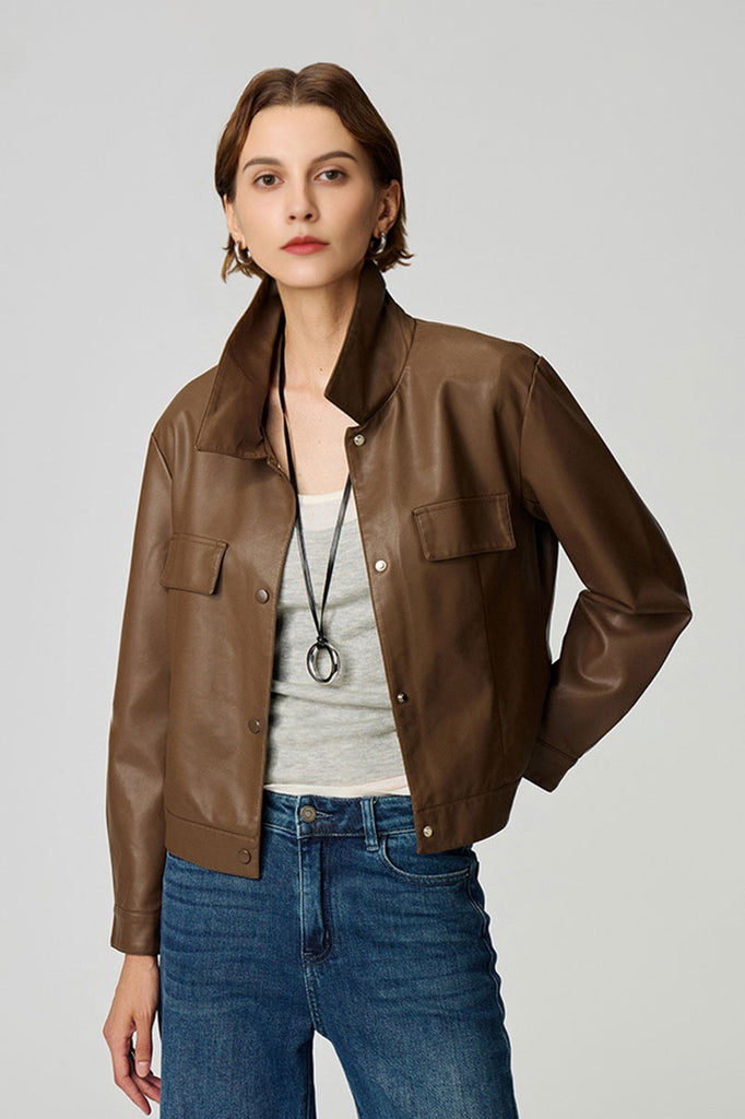 Fibflx Women's Cropped Faux Leather Shirt Jacket in Brown