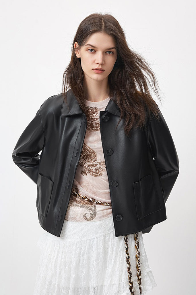 Cropped Sheepskin Leather Roll-Cuff Shirt Jacket  Fibflx