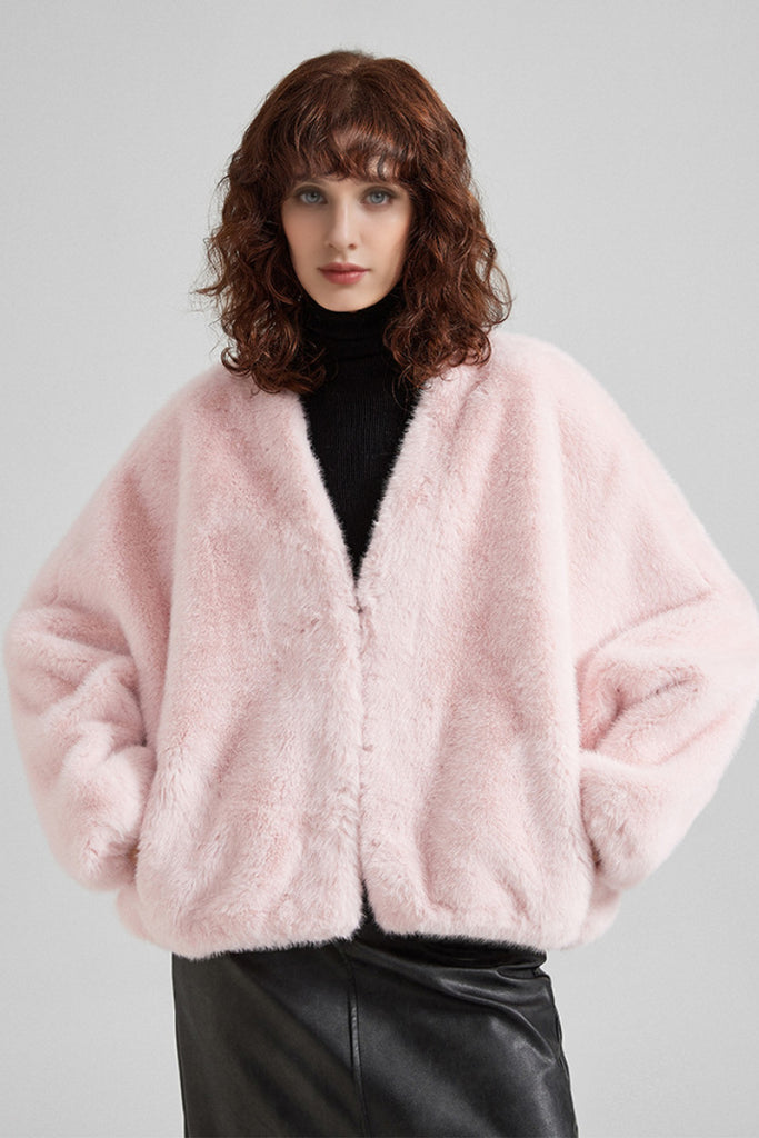 Fibflx Women's Cropped V-Neck Faux Fur Jacket