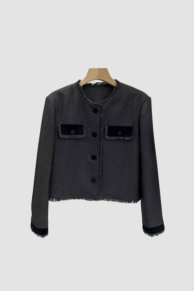 Cropped Wool-Blend Contrast-Trim Fringe Jacket  Fibflx