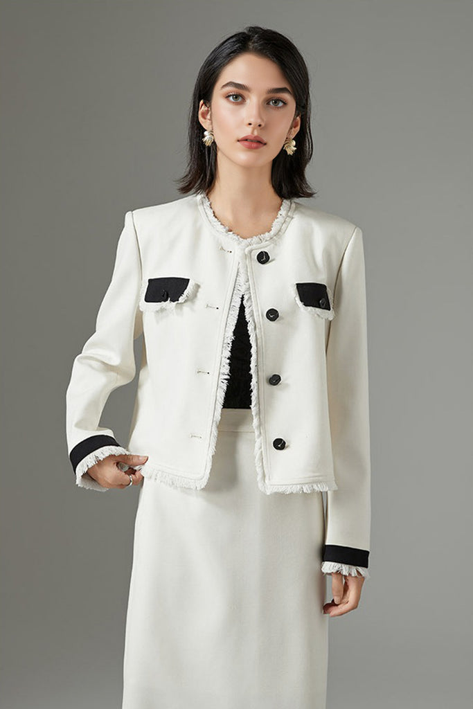 Cropped Wool-Blend Contrast-Trim Fringe Jacket  Fibflx