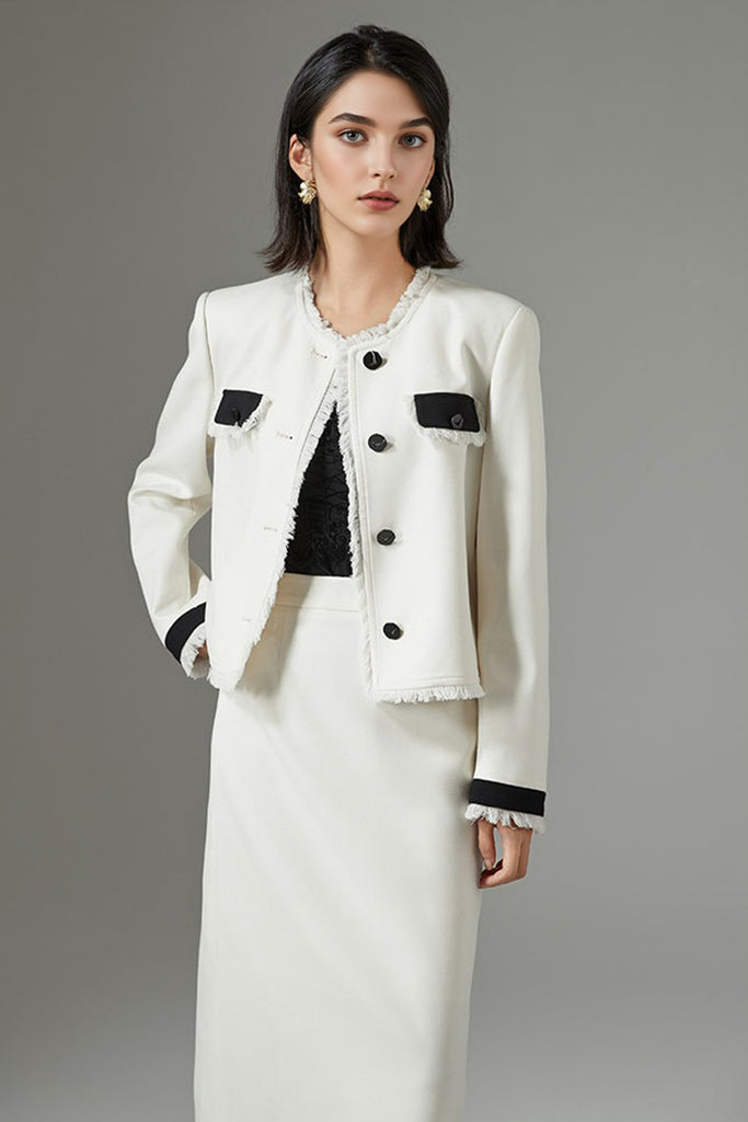 Cropped Wool-Blend Contrast-Trim Fringe Jacket  Fibflx