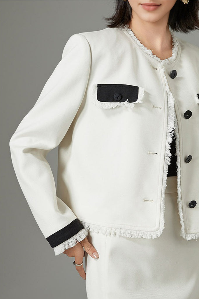 Cropped Wool-Blend Contrast-Trim Fringe Jacket  Fibflx
