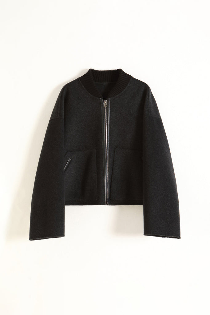 Cropped Wool-Cashmere Doule-Faced Zip-Up Bomber Jacket L / Black / 90% Wool 10% Cashmere Fibflx