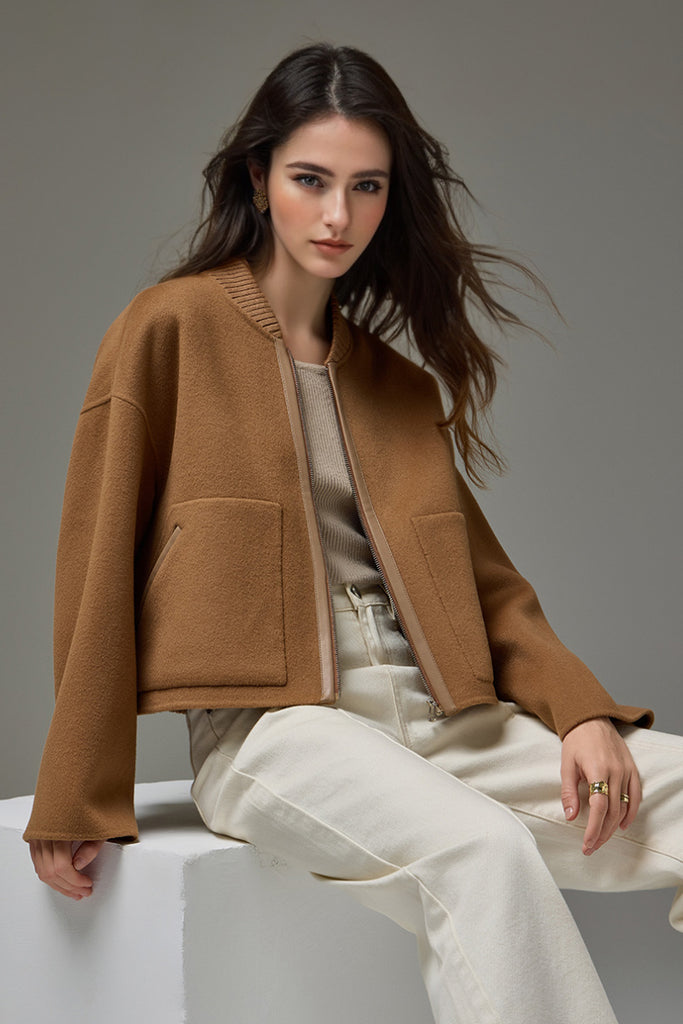 Cropped Wool-Cashmere Doule-Faced Zip-Up Bomber Jacket  Fibflx