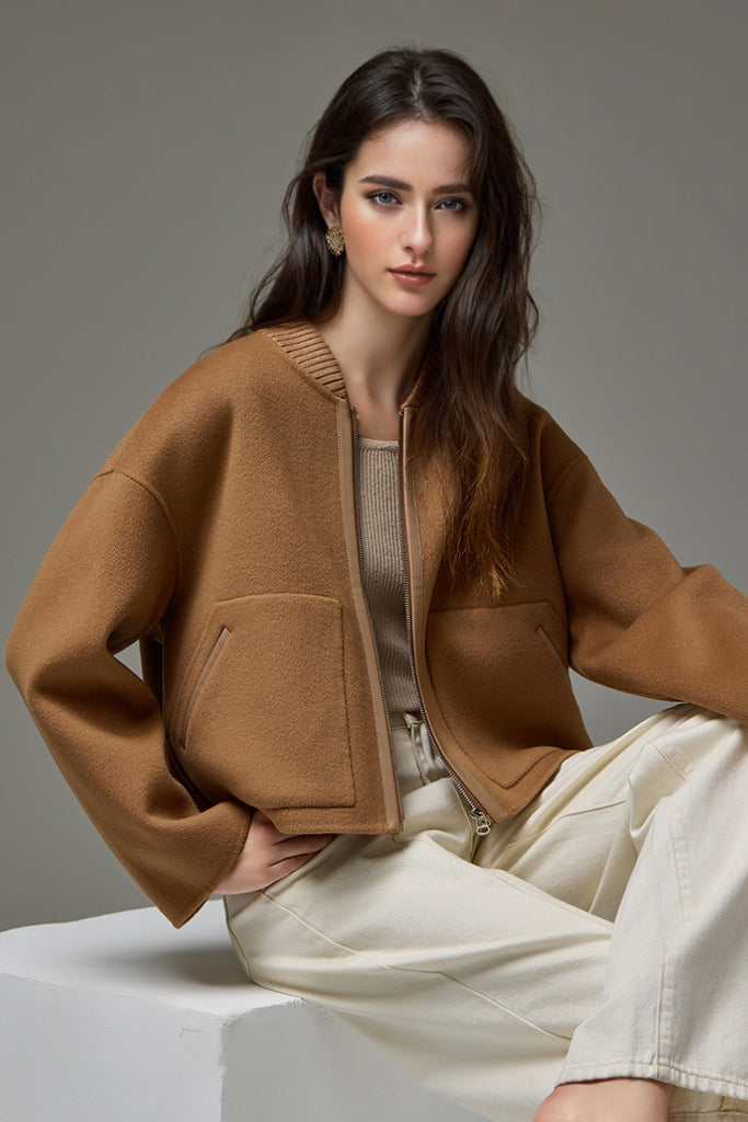 Cropped Wool-Cashmere Doule-Faced Zip-Up Bomber Jacket  Fibflx