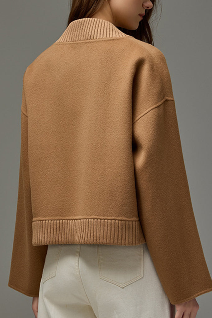 Cropped Wool-Cashmere Doule-Faced Zip-Up Bomber Jacket  Fibflx