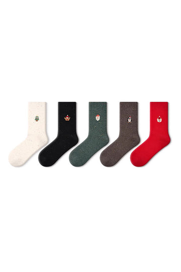 Fibflx Women's Cute Christmas-Themed Cotton Blend Crew Socks Set_5-Pack