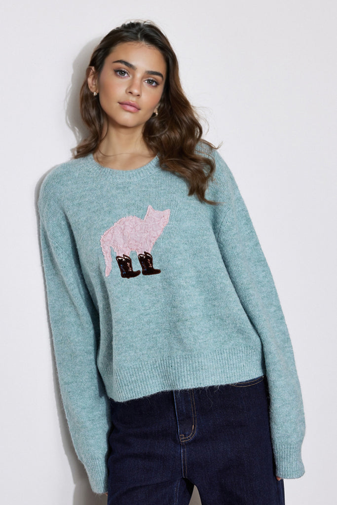 Fibflx Women's Cute Wool Blend Crewneck Pullover Sweater with Puss in Boots