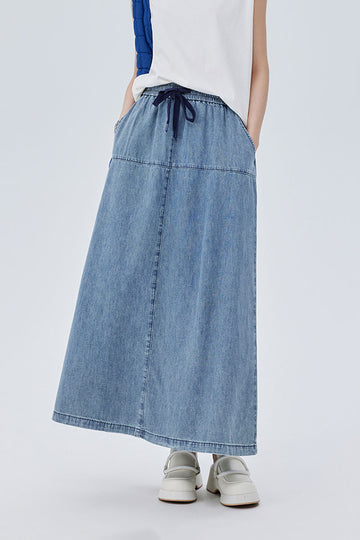Denim Drawstring A-Line Maxi Skirt with Back Slit Mid Blue Denim / L Fibflx