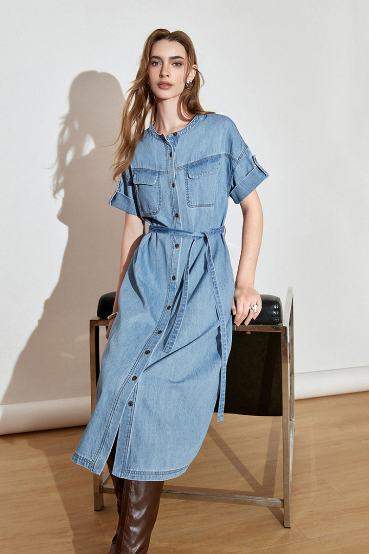 Denim Short-Sleeve Button-Up Belted Midi Shirt Dress with Back Slit L / Celestial Blue / Light Blue Denim: 100% Organi Fibflx