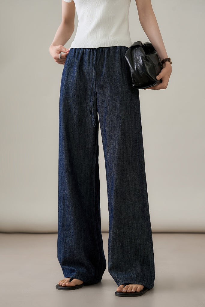 Denim Pull-On Wide-Leg Drawstring Jeans - Fibflx