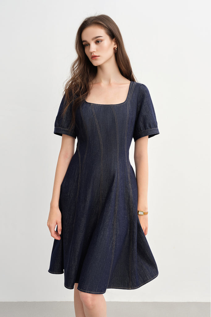 Denim Short-Sleeve A-Line Knee-Length Dress Mid Night Blue Denim / XXL Fibflx
