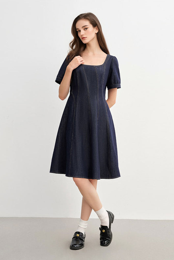 Denim Short-Sleeve A-Line Knee-Length Dress  Fibflx
