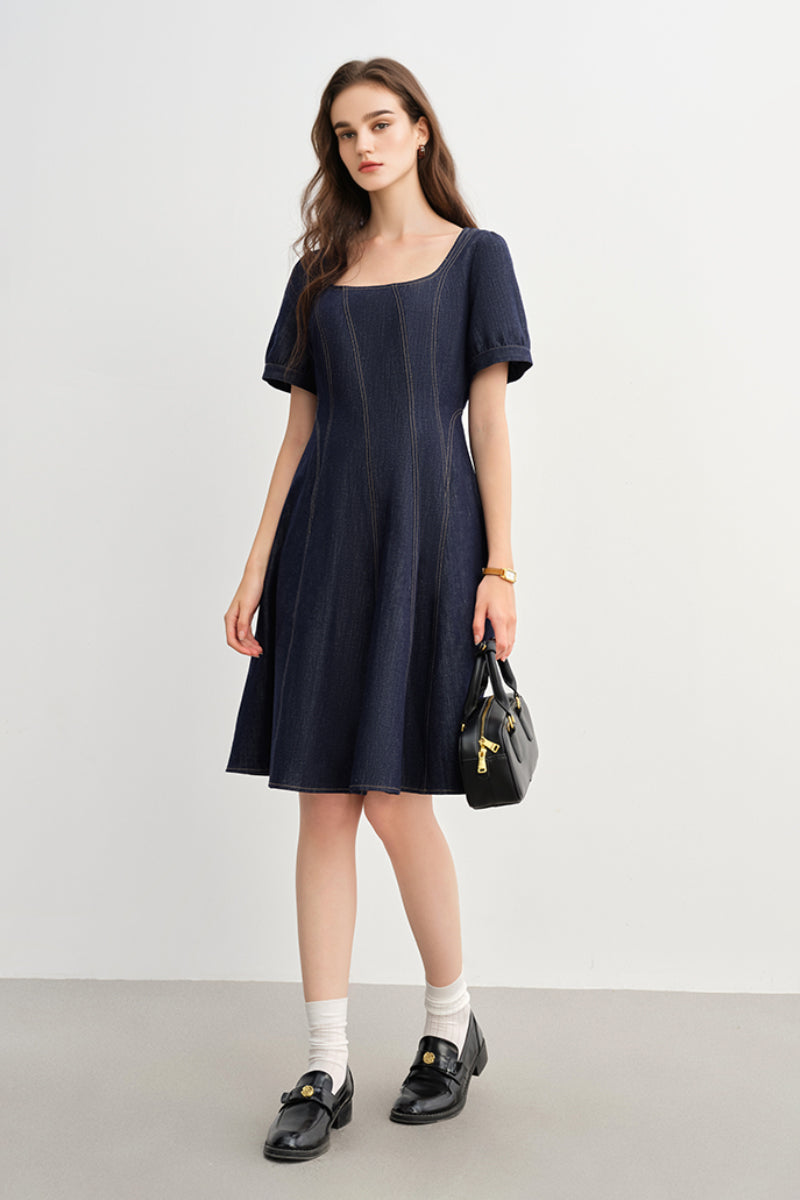 denim dress knee length short sleeve Front laced mid-length sleeve short denim dress Sofiq
