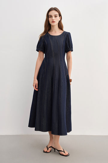 Denim Short-Sleeve A-Line Midi Dress - Fibflx