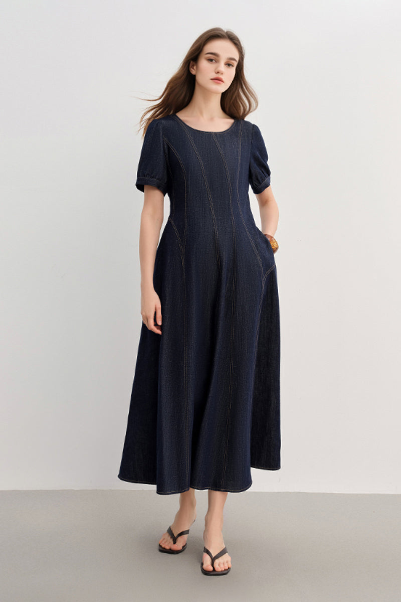 Denim Short-Sleeve A-Line Midi Dress XL / Mid Night Blue Denim / 66.6% Cotton 23.4% Lyocell 10% Linen Denim Short-Sleeve A-Line Midi Dress XL / Mid Night Blue Denim / 66.6% Cotton 23.4% Lyocell 10% Linen