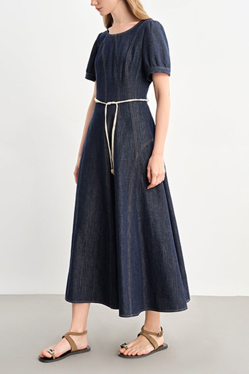 denim short sleeve midi dress Denim Short-Sleeve A-Line Midi Dress XL / Mid Night Blue Denim / 66.6% Cotton 23.4% Lyocell 10% Linen
