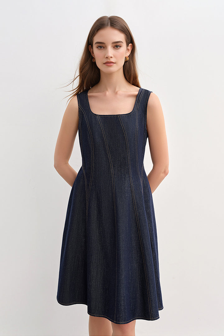 Denim Sleeveless A-Line Knee-Length Dress XL / Mid Night Blue Denim / 66.6% Cotton 23.4% Lyocell 10% Linen