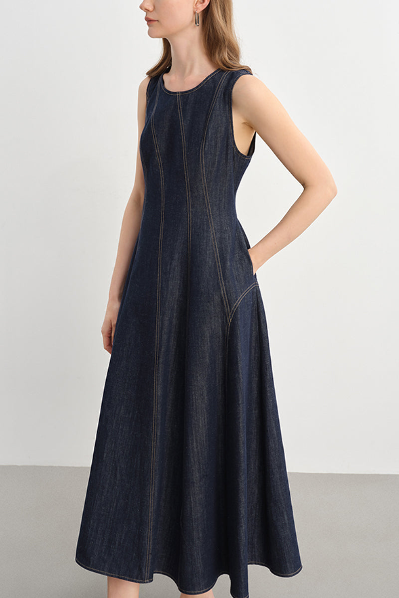 Denim Sleeveless A-Line Midi Dress XS / Mid Night Blue Denim / 66.6% Cotton 23.4% Lyocell 10% Linen