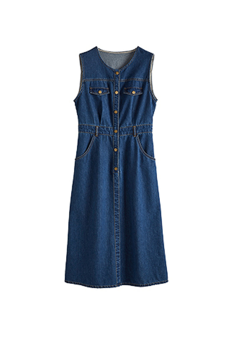 sleeveless denim shirt dress Denim Sleeveless A-Line Midi Shirt Dress L / Mid Blue Denim / 77.3% Cotton 11.9% Recycled Polyester 10.8% Regenerated Cellulose Fiber