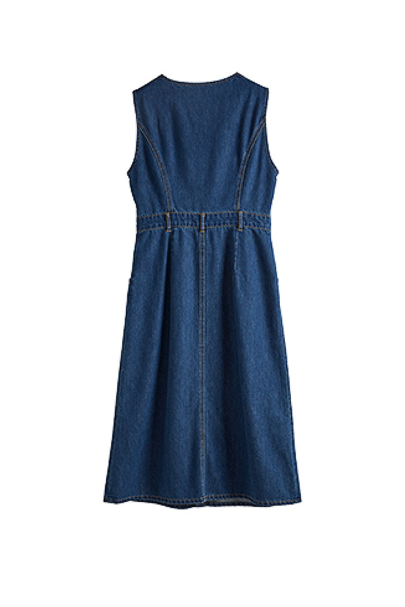 Denim Sleeveless A-Line Midi Shirt Dress L / Mid Blue Denim / 77.3% Cotton 11.9% Recycled Polyester 10.8% Regenerated Cellulose Fiber