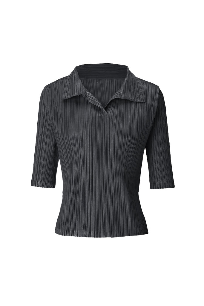 Designer-Inspired Pleated Elbow-Sleeve Polo Shirt Bluish Black / One Size (Flexible fit for US 0–6) Fibflx
