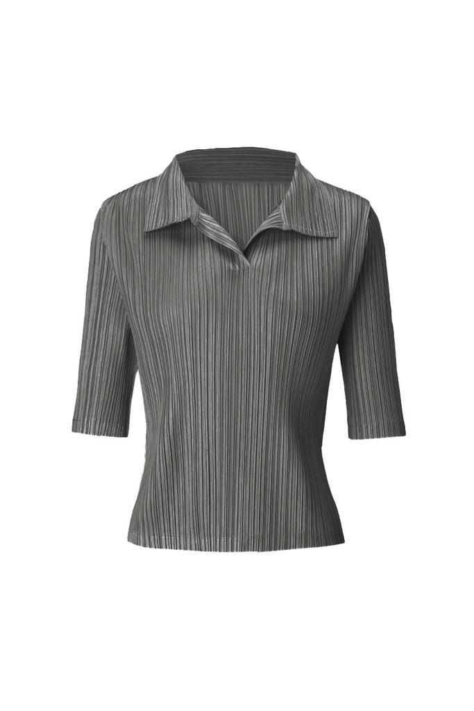 Designer-Inspired Pleated Elbow-Sleeve Polo Shirt Millstone Grey / One Size (Flexible fit for US 0–6 Fibflx