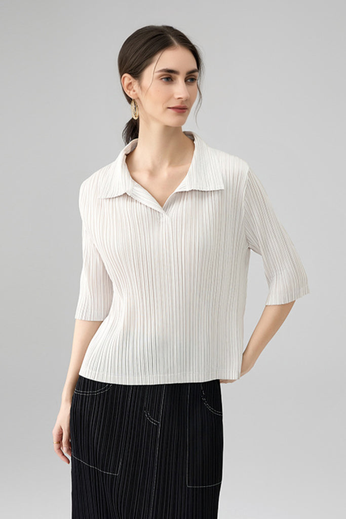 Designer-Inpired Pleated Elbow-Sleeve Polo Shirt - Fibflx