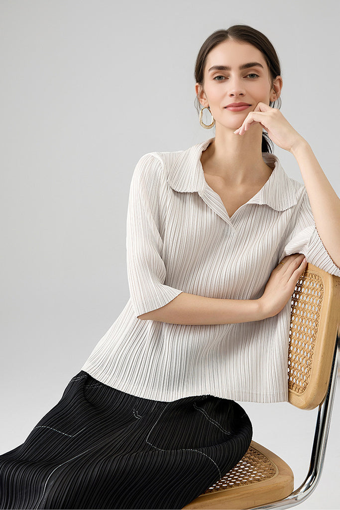 Designer-Inspired Pleated Elbow-Sleeve Polo Shirt  Fibflx