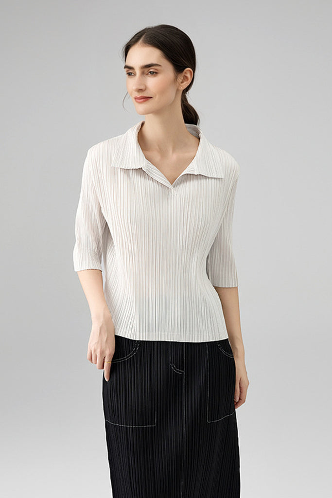 Designer-Inspired Pleated Elbow-Sleeve Polo Shirt  Fibflx