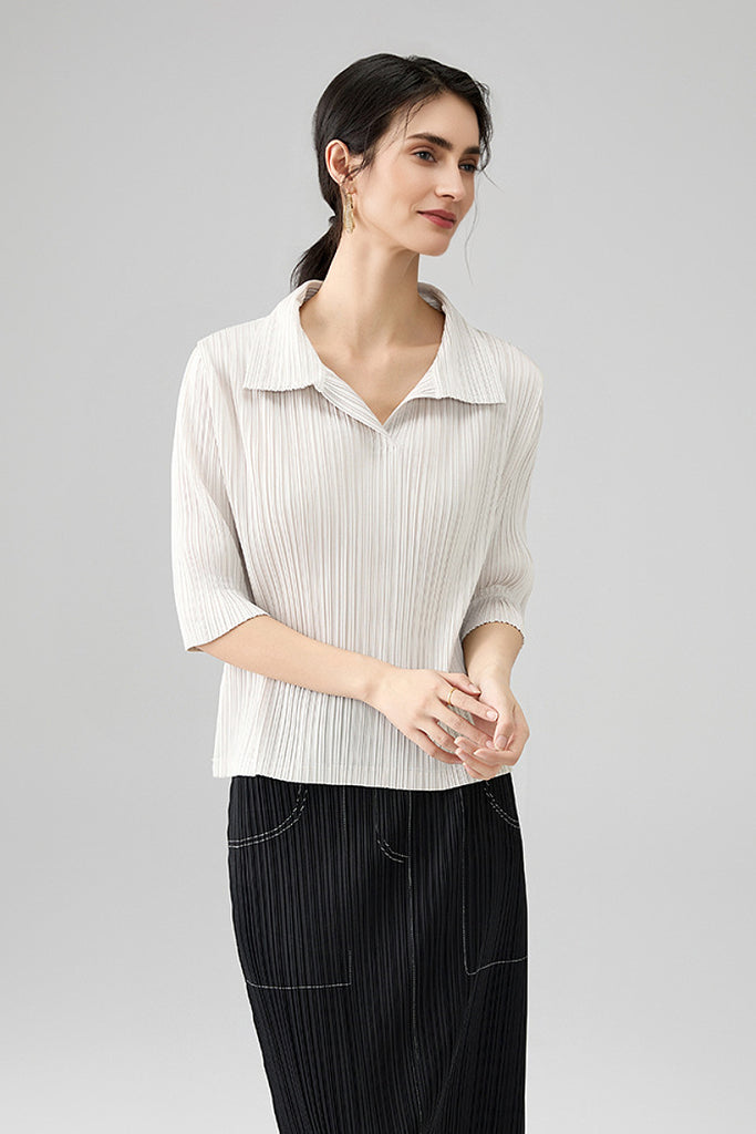 Designer-Inspired Pleated Elbow-Sleeve Polo Shirt  Fibflx