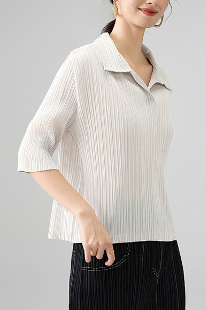 Designer-Inspired Pleated Elbow-Sleeve Polo Shirt  Fibflx