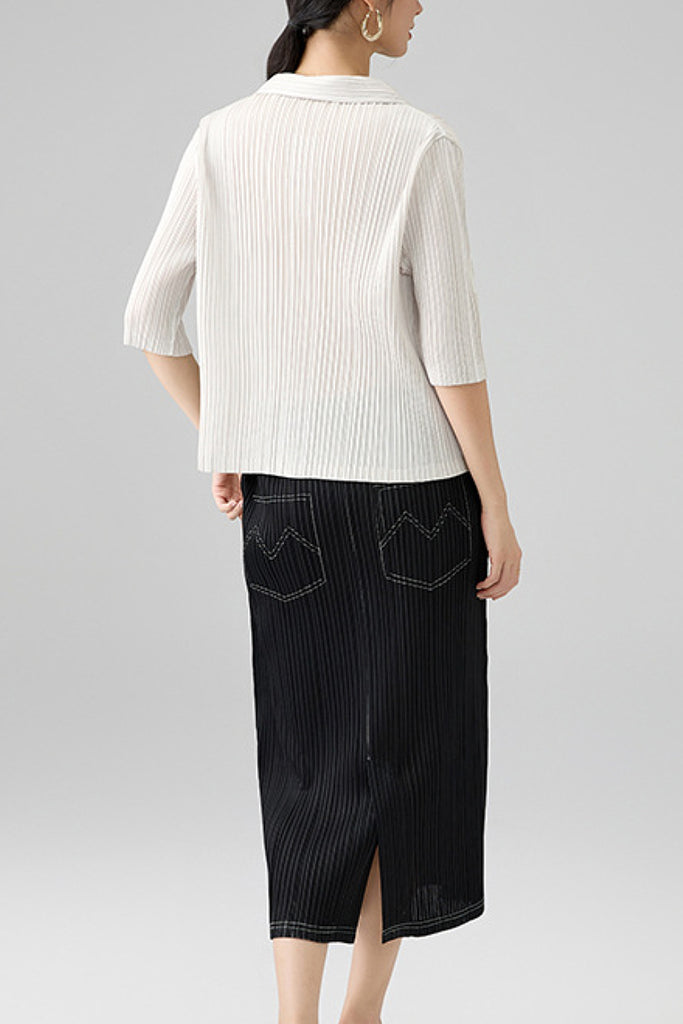 Designer-Inspired Pleated Elbow-Sleeve Polo Shirt  Fibflx