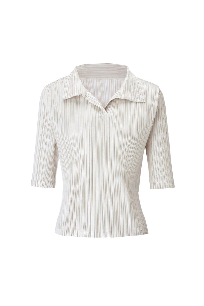 Designer-Inspired Pleated Elbow-Sleeve Polo Shirt  Fibflx