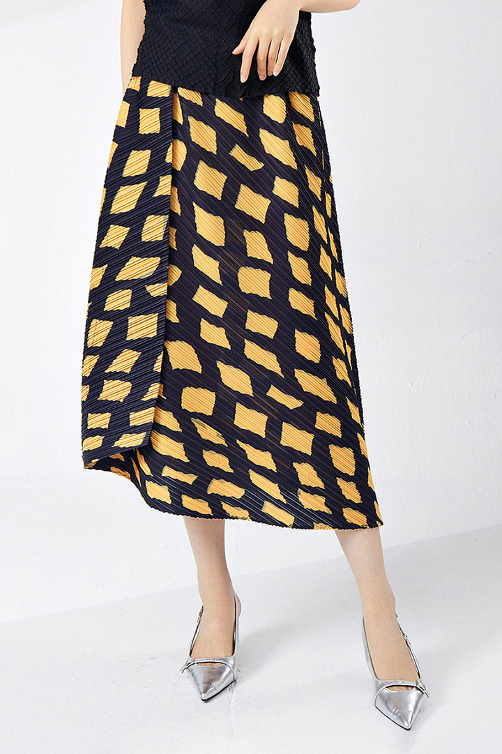Designer Inspired Pleated Asymmetrical Midi Skirt in Geometric Print Desert Sunset Yellow / One Size (Flexible fit for  Fibflx