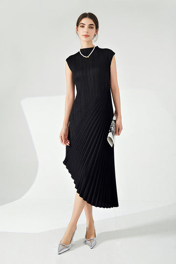 Designer Inspired Pleated Asymmetrical Sleeveless Midi Dress - Fibflx