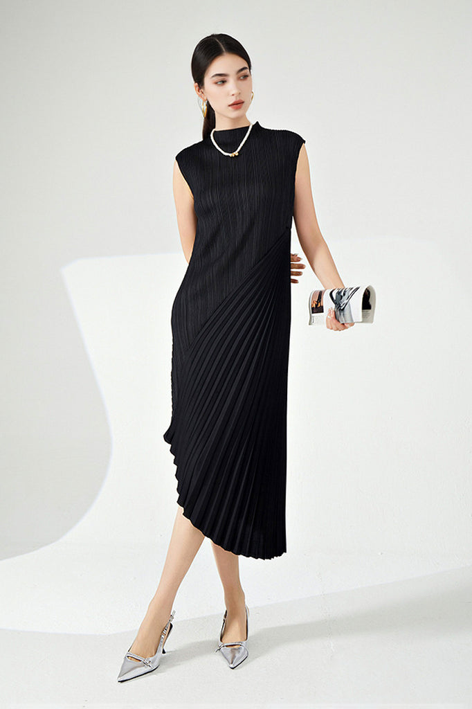 Designer Inspired Pleated Asymmetrical Sleeveless Midi Dress  Fibflx