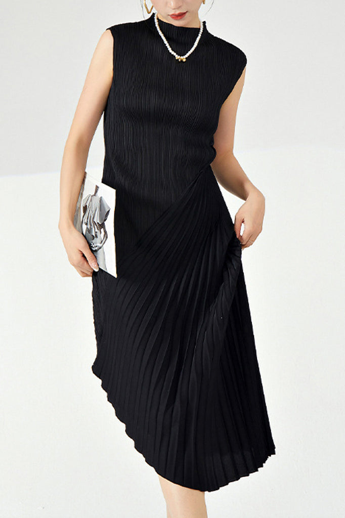Designer Inspired Pleated Asymmetrical Sleeveless Midi Dress  Fibflx