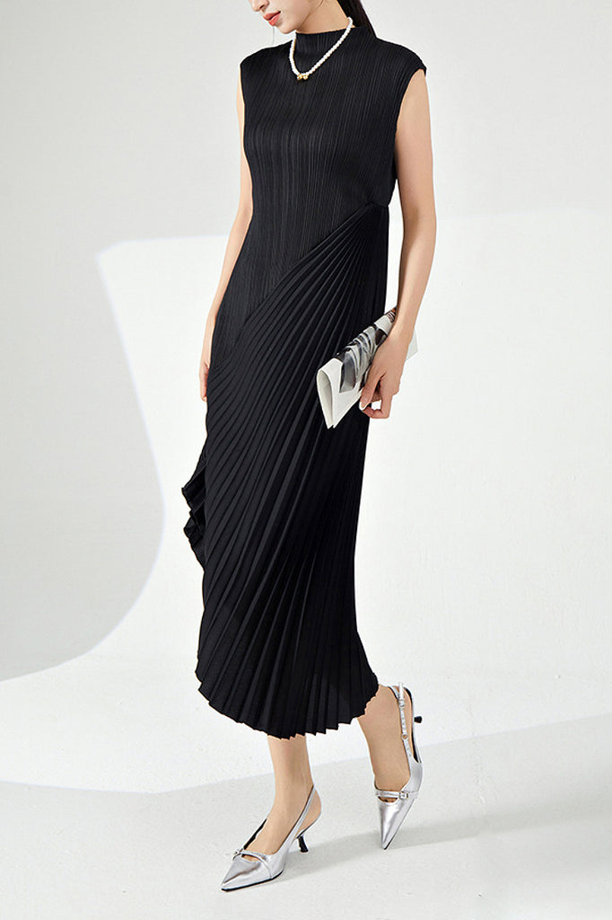Designer Inspired Pleated Asymmetrical Sleeveless Midi Dress  Fibflx